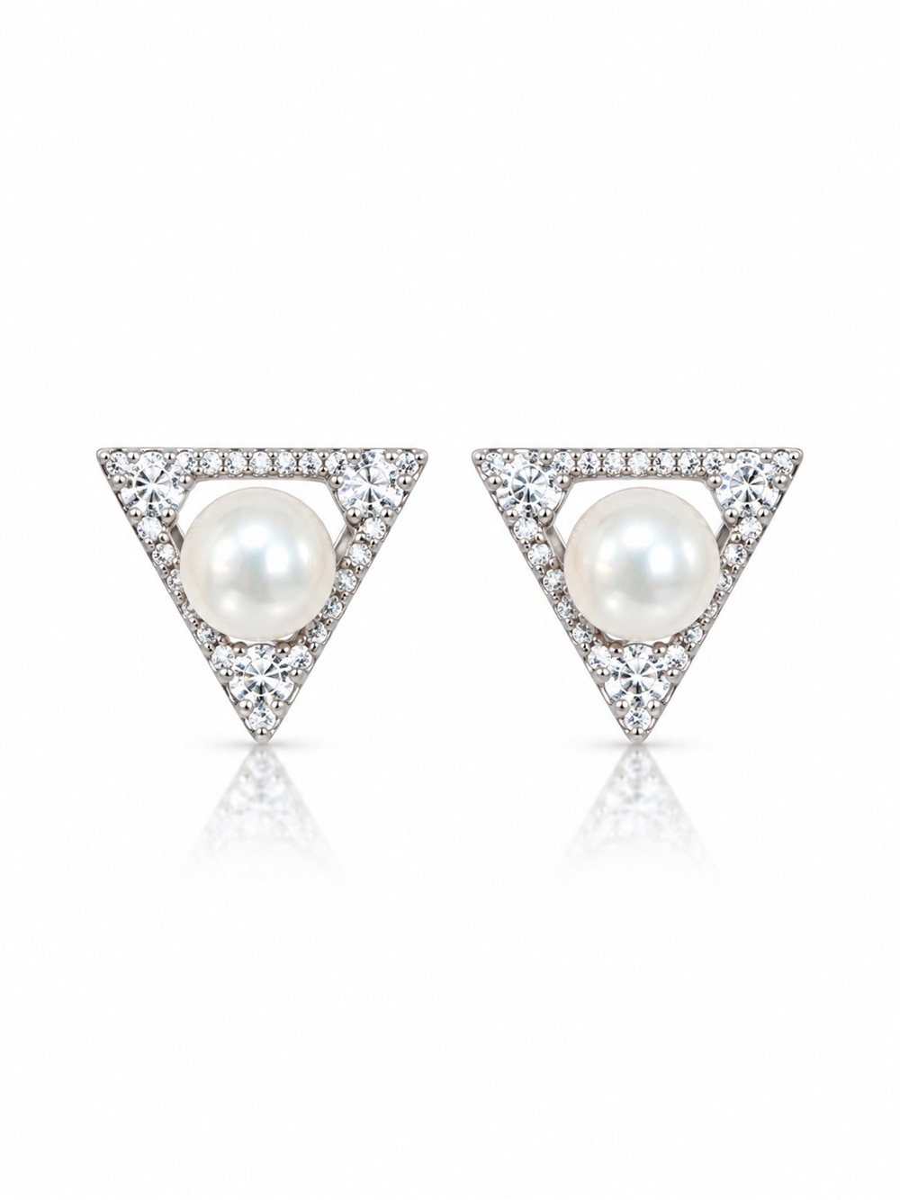 Triangle Pearl & Crystal Stud Earrings in Silver